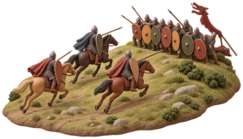 Norman knights charging the English shield wall at Hastings