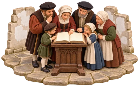 People gathered round an open Bible in a parish church